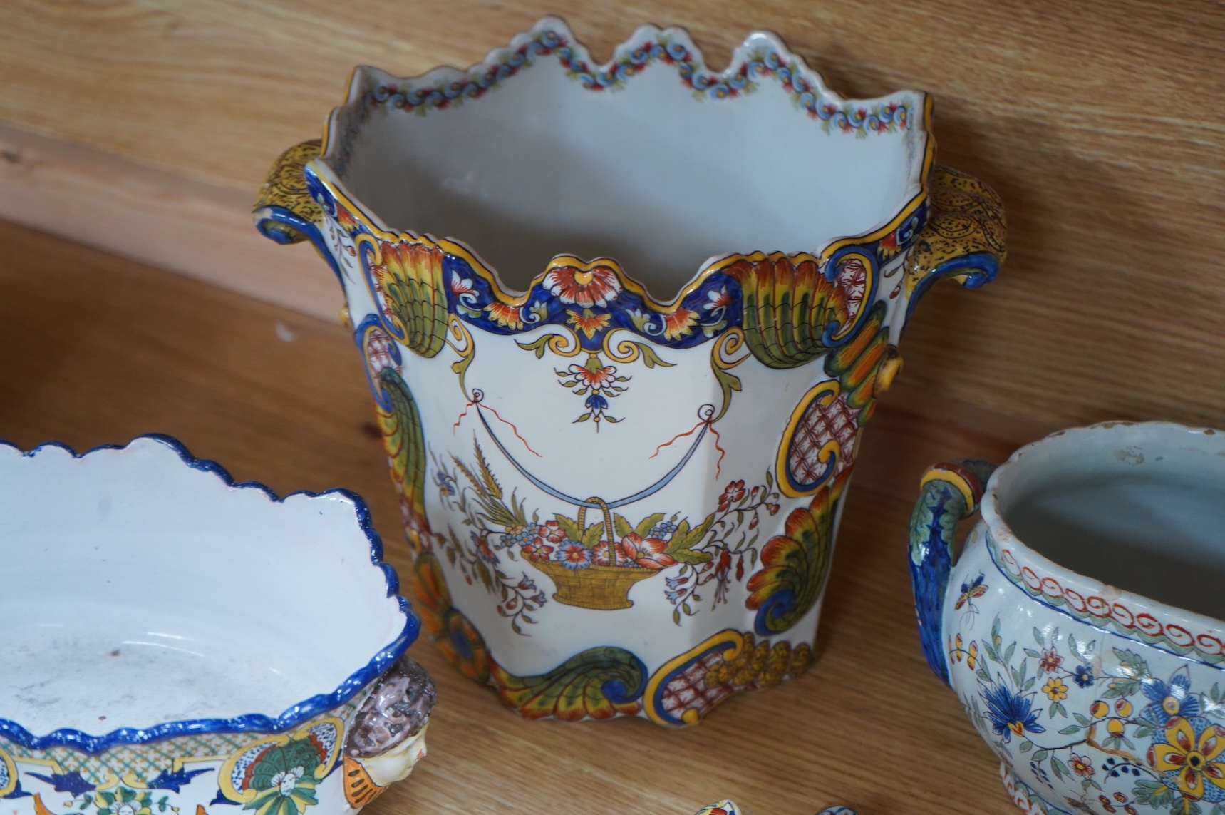 19th century French decorative faience including bag pipes, a large wall pocket, jardiniere etc (22).